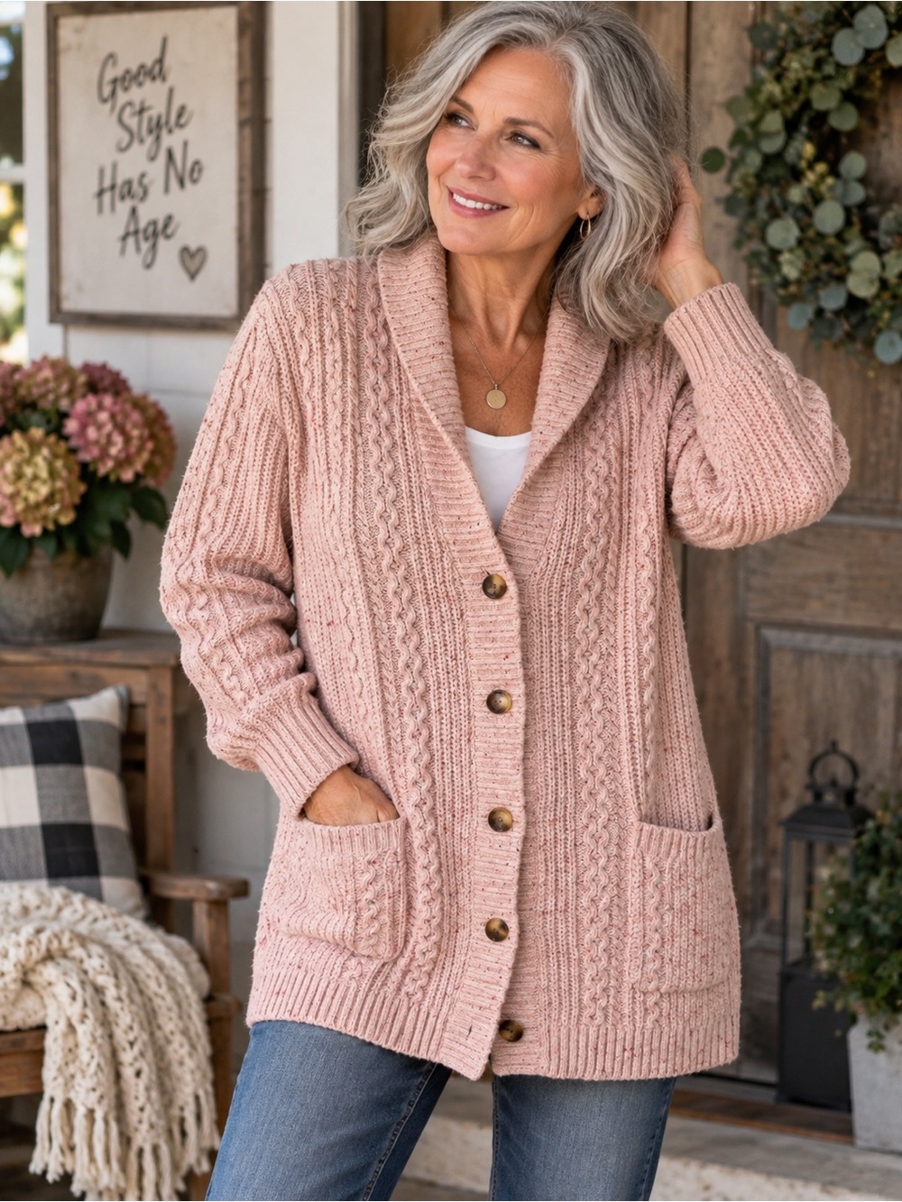 Lands' End Blush Pink Cable Shawl Collar Cardigan
